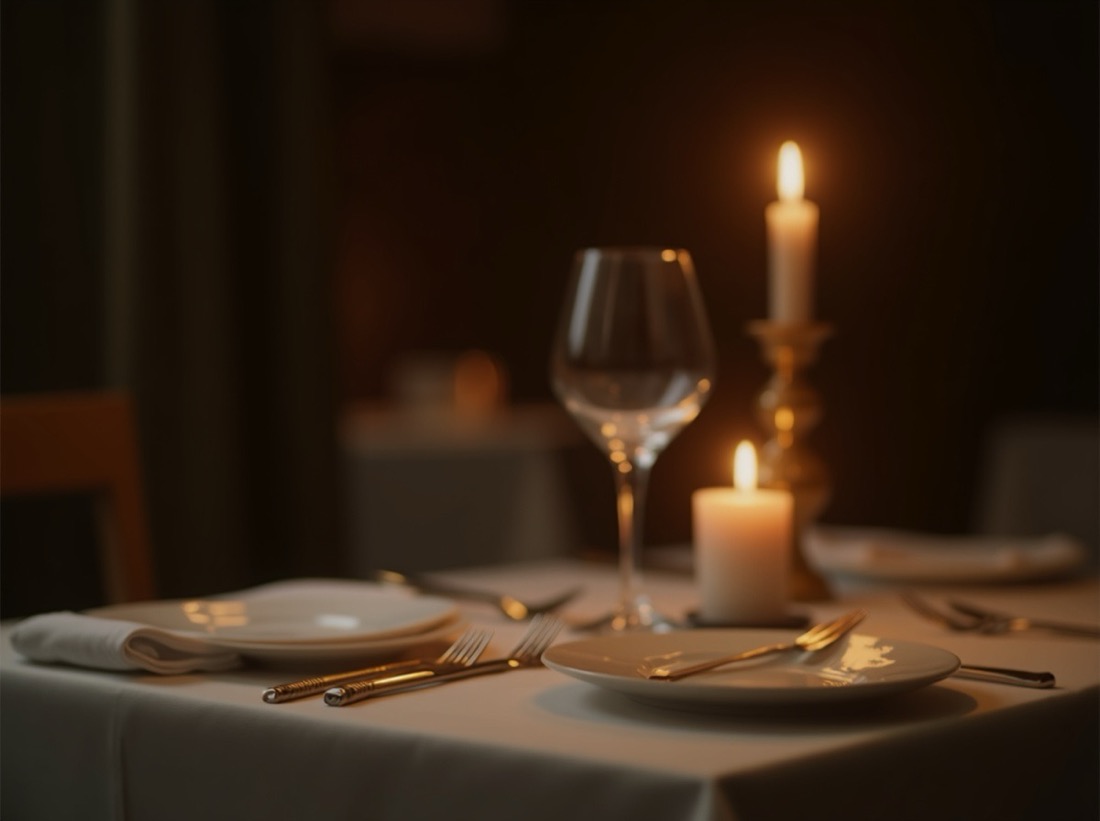 Elegant candlelit restaurant table setting with wine glass and gold cutlery